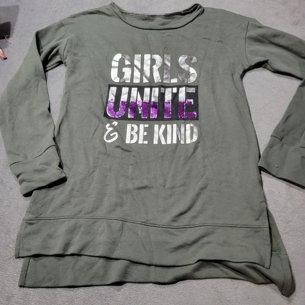 Justice Sweatshirt Girls 12 Green Girls Unite Be Kind Sequin‎ High Low Graphic